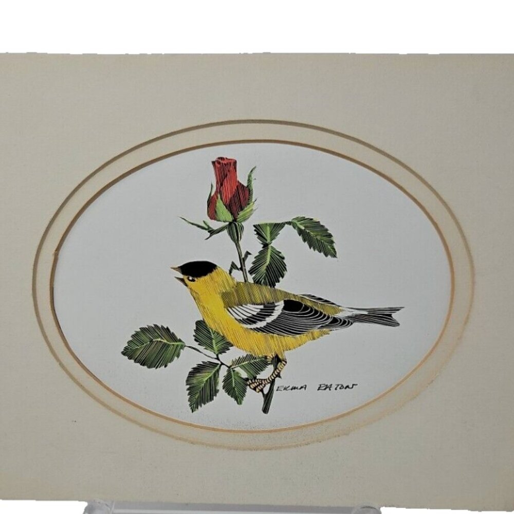 Vintage Erma Eaton Scratchboard Goldfinch Ohio Artist Butler Institute Award